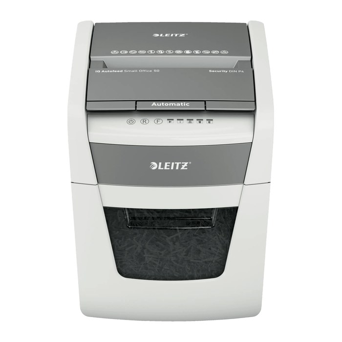 AKTION: LEITZ IQ Autofeed Small Office 50 Aktenvernichter mit Partikelschnitt P-4, 4 x 28 mm, bis 50 Blatt, weiß mit 15 Euro CashBack