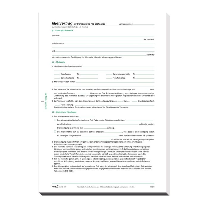 RNK-Verlag 553/10 Mietverträge für Garagen, 10 St.