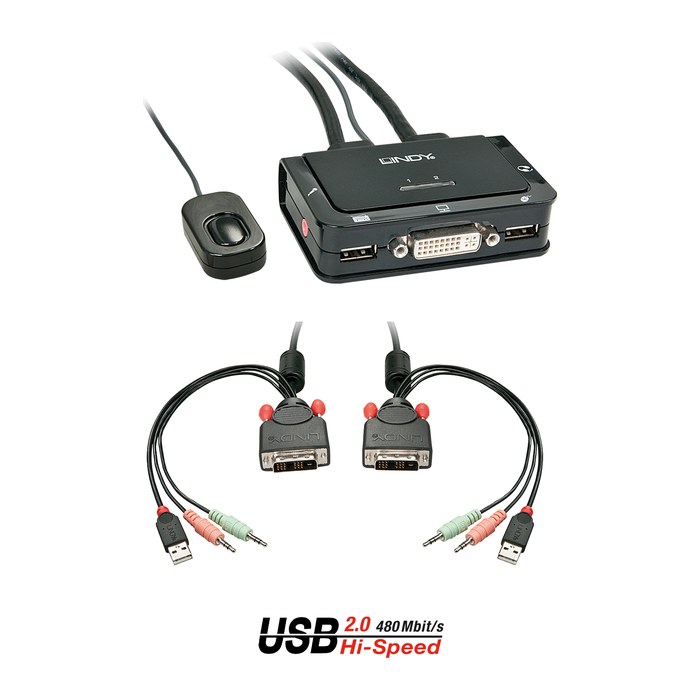 LINDY KVM Switch 2 Port DVI-D Single Link USB 2.0 Audio