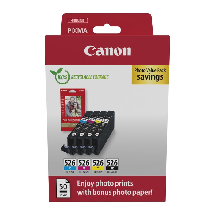 Canon CLI-526 C/M/Y/BK schwarz, cyan, magenta, gelb Druckerpatronen + Fotopapier