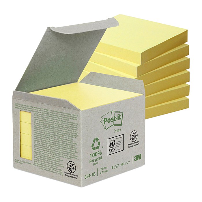 Post-it® Recycling Notes 654 Haftnotizen gelb, 6 Blöcke