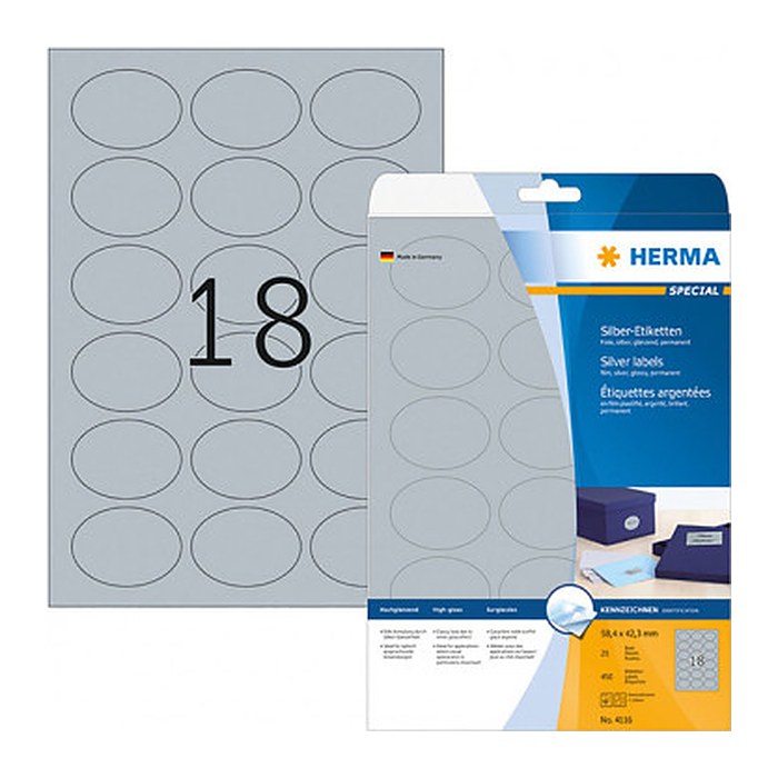 HERMA Folienetiketten 4116 silber 58,4 x 42,3 mm, 25 Blatt