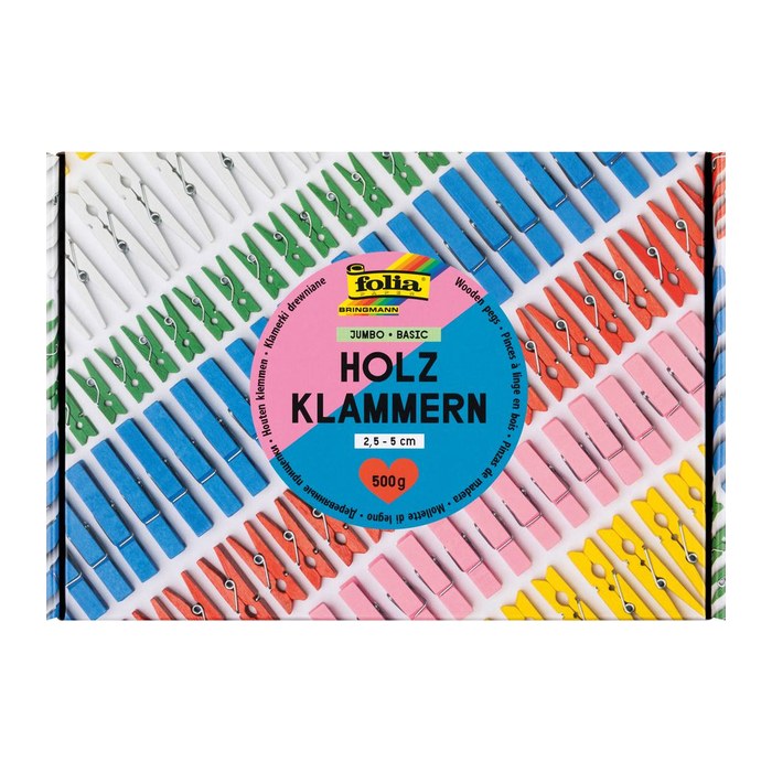 folia Holzklammern weiß, gelb, rot, pink, blau, grün Jumbo Basic, 1 Pack