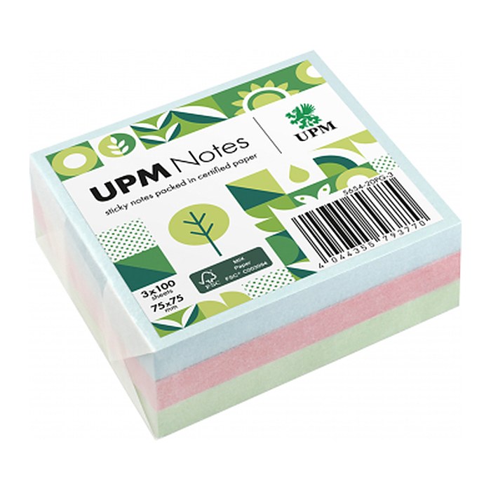 UPM Notes Pastellmix Haftnotizen doppelte Haftung farbsortiert, 3 Blöcke