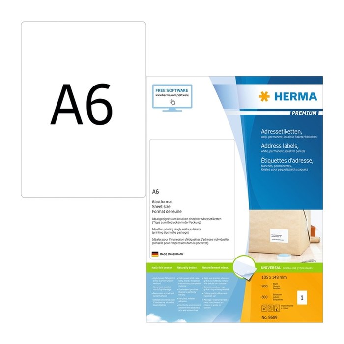HERMA Adressetiketten 8689 weiß 105,0 x 148,0 mm, 800 Blatt