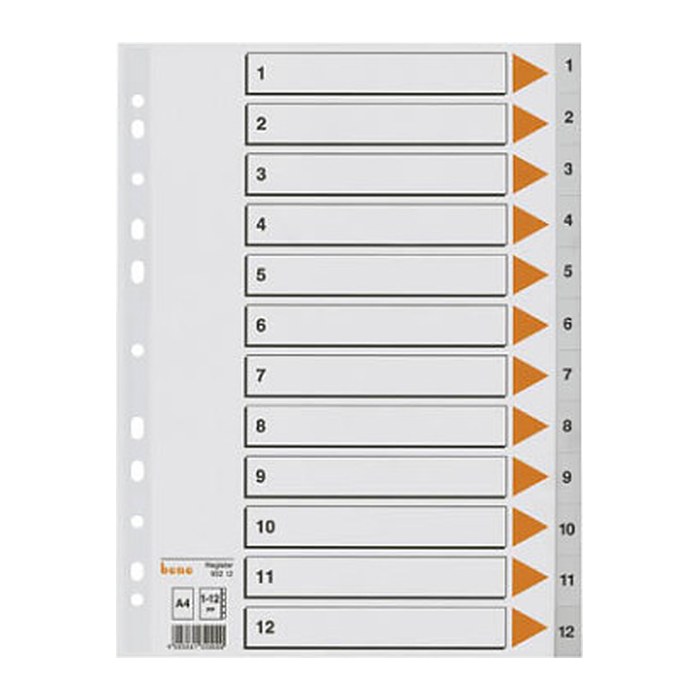 bene Ordnerregister DIN A4 Vollformat 1-12 grau 12-teilig, 1 Satz