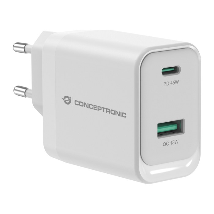 CONCEPTRONIC Ladegerät 2Port GaN USB-C/-A 45WPD3.0/PPS ws