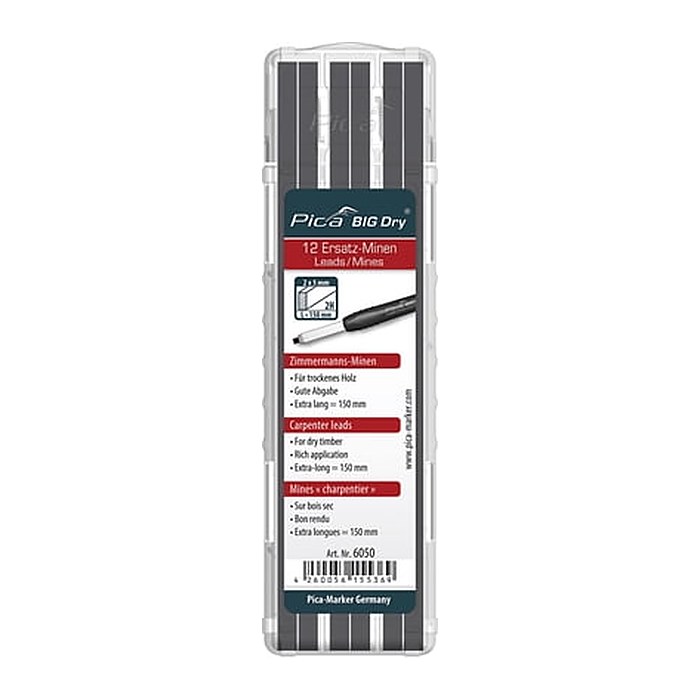 Pica Big Dry 6050 Bleistiftminen für Zimmermannsbleistift mit Druckmechanismus grau 2H 2,0 - 5,0 mm, 12 St.