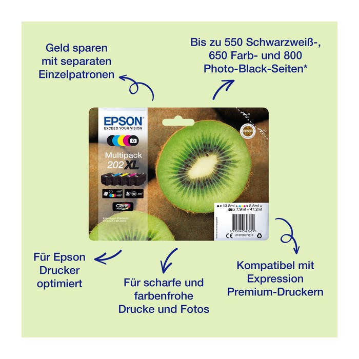 EPSON 202XL/T02G74 (Kiwi) schwarz, Foto schwarz, cyan, magenta, gelb Druckerpatronen, 5er-Set