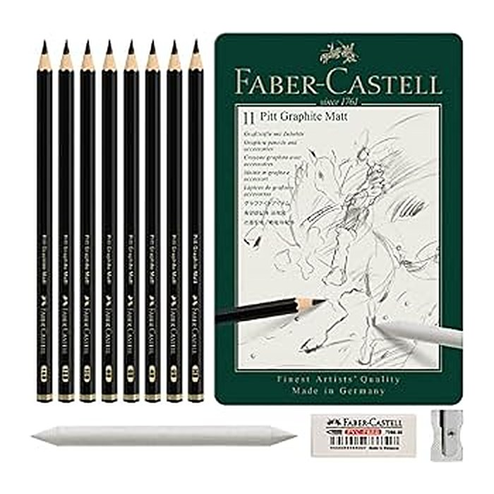 FABER-CASTELL Pitt Graphite Matt Graphitstifte HB, 2B, 4B, 6B, 8B, 10B, 12B, 14B schwarz mit Radierer, 1 Set