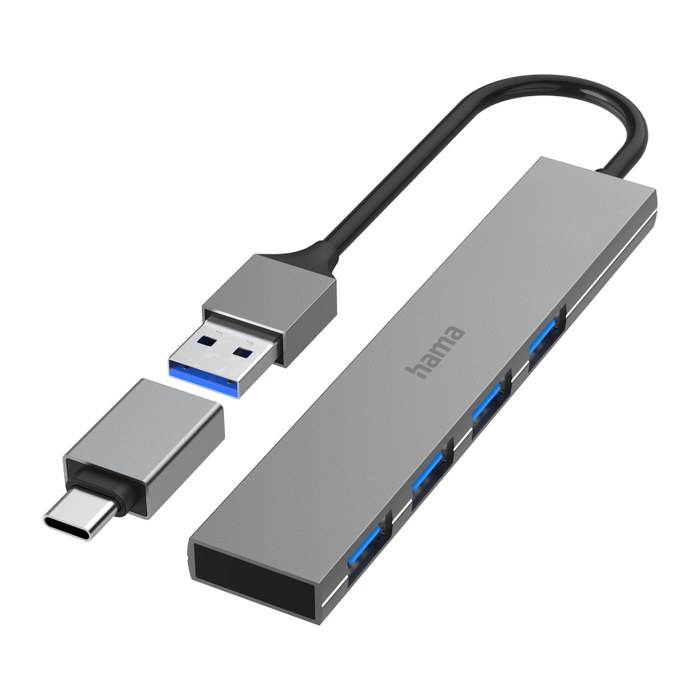 hama USB-Hub Ultra Slim 4-fach grau