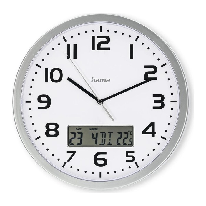 hama digitale Funkwanduhr Moorea weiß silber Kunststoff, Ø 30,0 cm