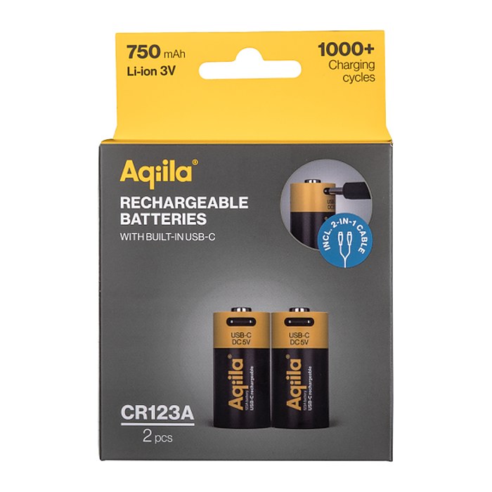 Aqiila® USB-Akkus mit Ladekabel USB-C Li-Ion CR123A 750 mAh, 2 St.