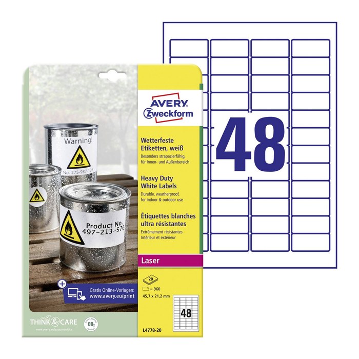 AVERY Zweckform wetterfeste Folienetiketten L4778-20 weiß 45,7 x 21,2 mm, 20 Blatt