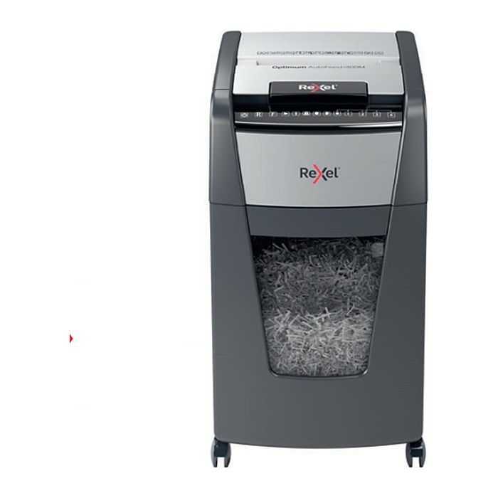 AKTION: Rexel Optimum AutoFeed+ 300M Aktenvernichter mit Partikelschnitt P-5, 2 x 15 mm, bis 300 Blatt, schwarz mit 70 Euro CashBack