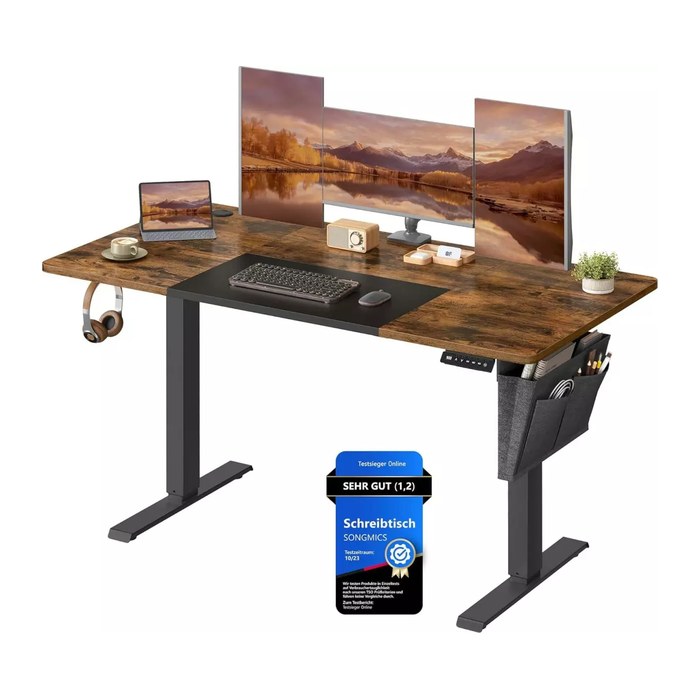 SONGMICS elektrisch höhenverstellbarer Schreibtisch braun rechteckig, C-Fuß-Gestell schwarz 140,0 x 60,0 cm