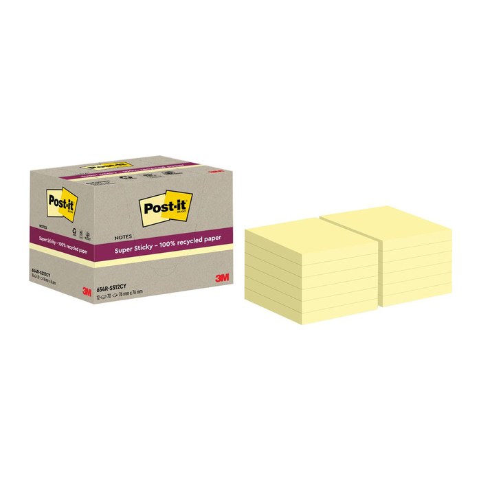 Post-it® Super Sticky Recycling Notes Haftnotizen extrastark gelb, 12 Blöcke