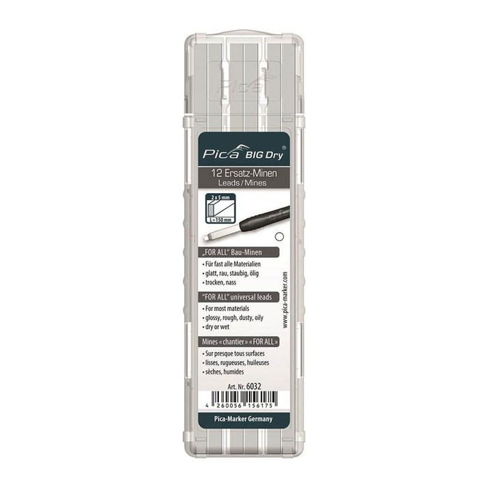 Pica Big Dry For All 6032 Bleistiftminen für Zimmermannsbleistift mit Druckmechanismus weiß 2B 2,0 - 5,0 mm, 12 St.