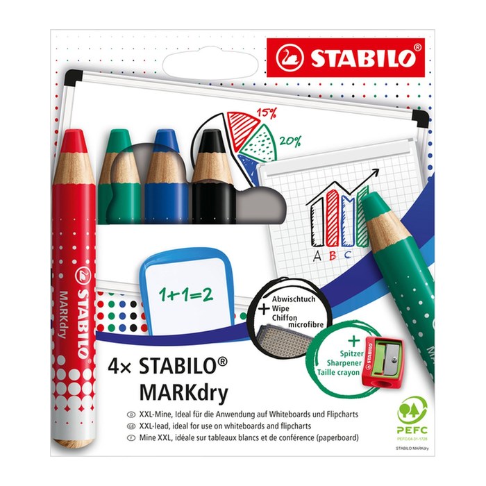 STABILO MARKdry Whiteboard- und Flipchart-Marker farbsortiert 1,0 - 10,0 mm, 4 St.