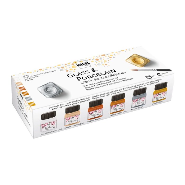 KREUL Metallic Porzellanfarben farbsortiert 6 Gläser à 20 ml in Metallic-Perlmutt-Weiß, Metallic-Champagner, Metallic-Kupfer, Metallic-Goldbronze, Metallic-Silber, Metallic-Gold, 1 Pinsel