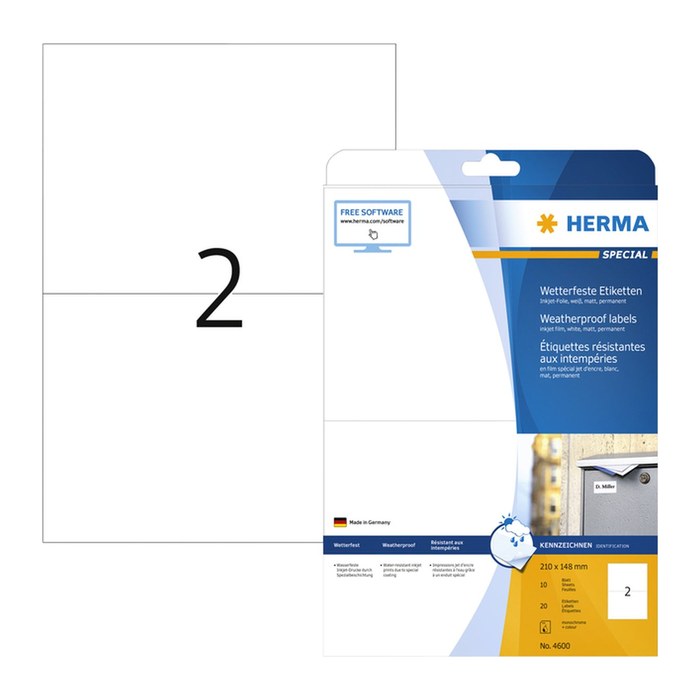 HERMA wetterfeste Folienetiketten 4600 weiß 210,0 x 148,0 mm, 10 Blatt