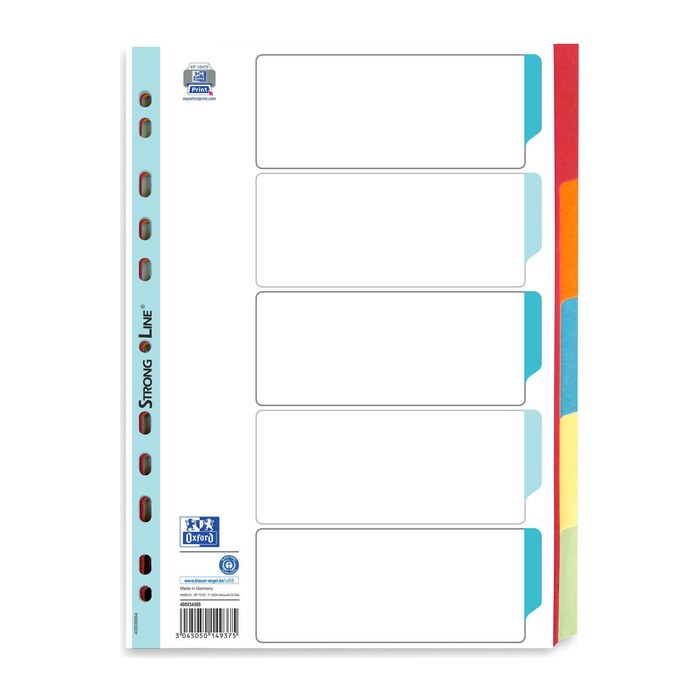 OXFORD Ordnerregister DIN A4 Vollformat blanko rot, orange, blau, gelb, grün 5-teilig, 1 Satz