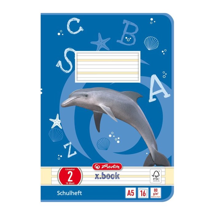 herlitz Schulheft Delfin x.book Lineatur 2 liniert DIN A5 ohne Rand, 16 Blatt, 1 St.