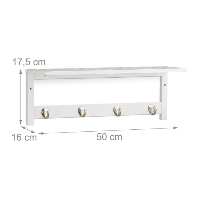 relaxdays Wandgarderobe weiß Holz 4 Haken 50,0 x 17,5 cm, 1 St.