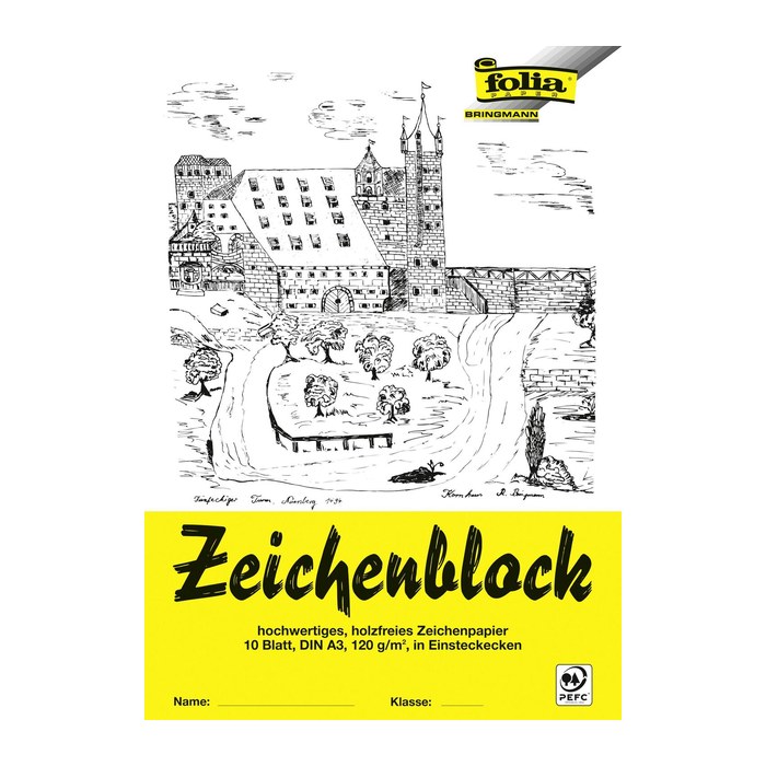 folia Zeichenblock mit Leinenecken DIN A3 120 g/qm, 10 Blatt, 10 Blatt