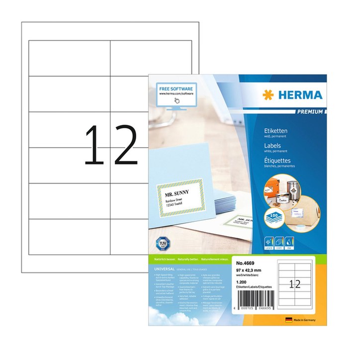 HERMA Etiketten 4669 weiß 97,0 x 42,3 mm, 100 Blatt
