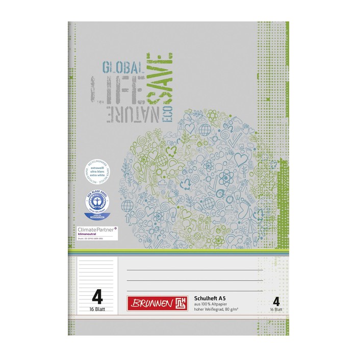 BRUNNEN Schulheft Recycling Lineatur 4 liniert DIN A5 ohne Rand, 16 Blatt, 1 St.