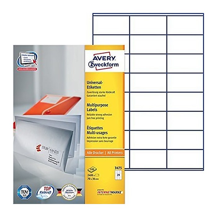 AVERY Zweckform Etiketten 3475 weiß 70,0 x 36,0 mm, 100 Blatt