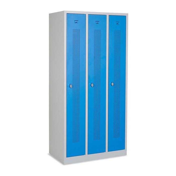 Design-Umkleidespind mit Lochreihen (3-Abteile) 870 mm Breite – Lichtgrau (Türen Himmelblau)