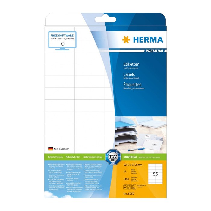 HERMA Etiketten 5052 weiß 52,5 x 21,2 mm, 25 Blatt