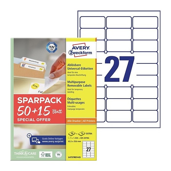 AVERY Zweckform Etiketten weiß 63,5 x 29,6 mm, 65 Blatt