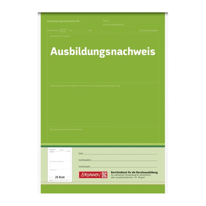 BRUNNEN Ausbildungsnachweis, wöchentliche/monatliche Eintragungen Formularbuch, 1 Block