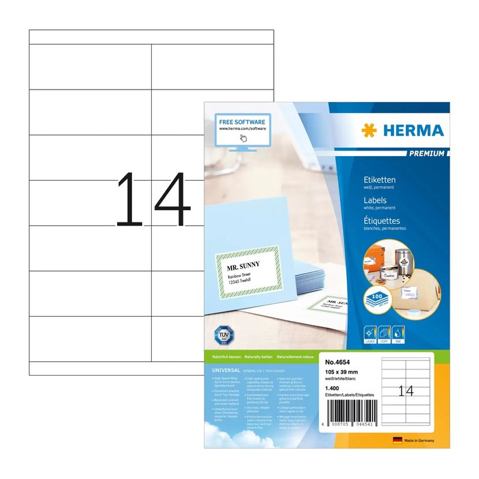 HERMA Etiketten 4654 weiß 105,0 x 39,0 mm, 100 Blatt