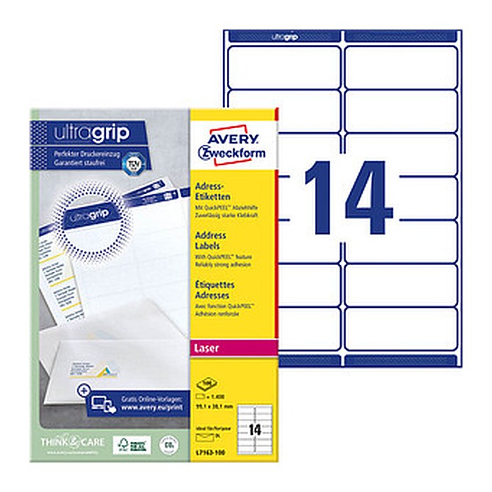 AVERY Zweckform Adressetiketten L7163-100 weiß 99,1 x 38,1 mm, 100 Blatt