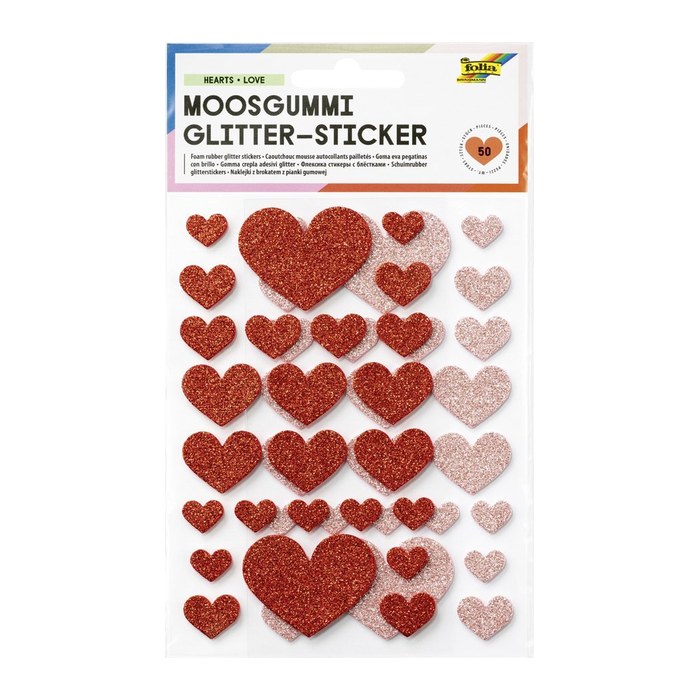 folia Moosgummi Glitter-Sticker HEARTS LOVE rot, hellrosa 50 St.