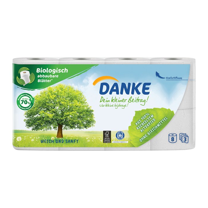 DANKE Toilettenpapier 3-lagig Recyclingpapier, 16 Rollen
