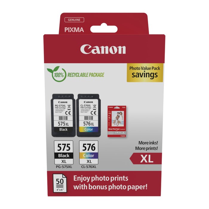 Canon PG-575XL/CL-576XL schwarz, color Druckköpfe + Fotopapier, 2er-Set