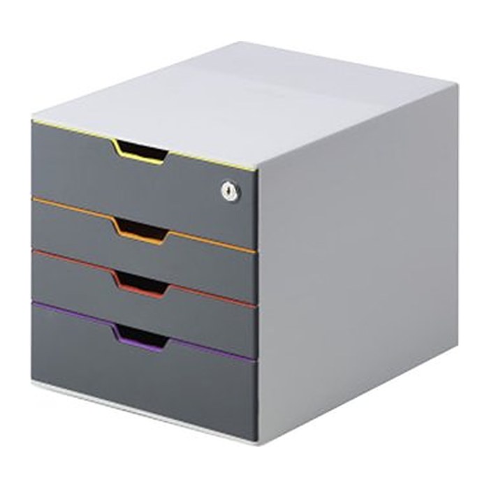 DURABLE Schubladenbox VARICOLOR® SAFE dunkelgrau mit bunten Farblinien 760627, DIN A4 mit 4 Schubladen, 1 St.