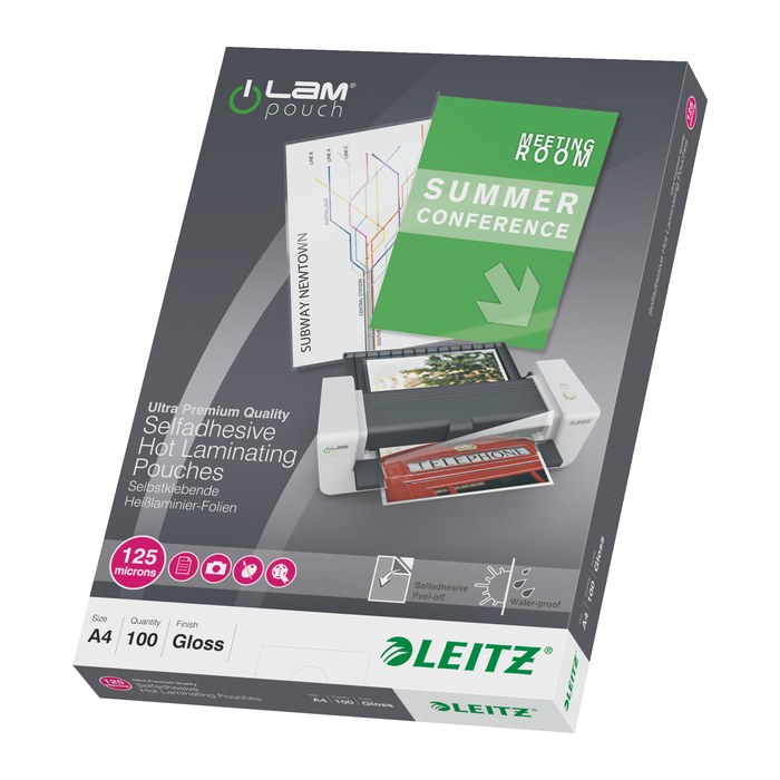 LEITZ Laminierfolien glänzend für A4 125 micron selbstklebender Rücken, 100 St.