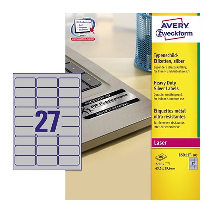 AVERY Zweckform Typenschildetiketten L6011-100 silber 63,5 x 29,6 mm, 100 Blatt