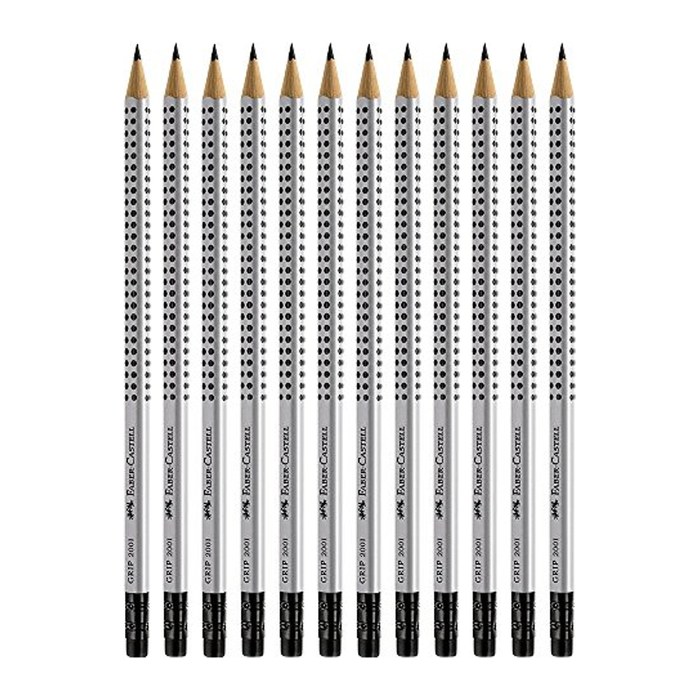 FABER-CASTELL GRIP 2001 Bleistifte HB silber mit Radierer, 12 St.