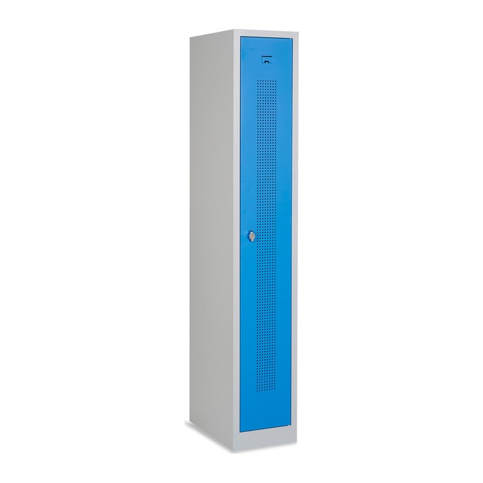 Design-Umkleidespind mit Lochreihen (1-Abteil) 310 mm Breite – Lichtgrau (Türen Himmelblau)