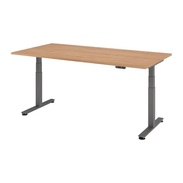 HAMMERBACHER XDSM2E elektrisch höhenverstellbarer Schreibtisch nussbaum rechteckig, T-Fuß-Gestell grau 200,0 x 100,0 cm