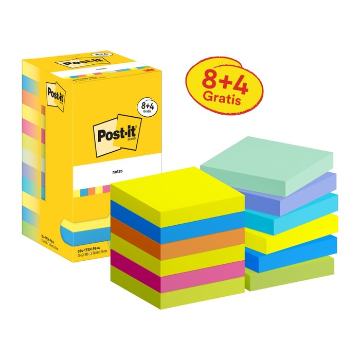 8 + 4 GRATIS: Post-it® Energetic Collection Haftnotizen farbsortiert, 8 Blöcke + GRATIS 4 Blöcke