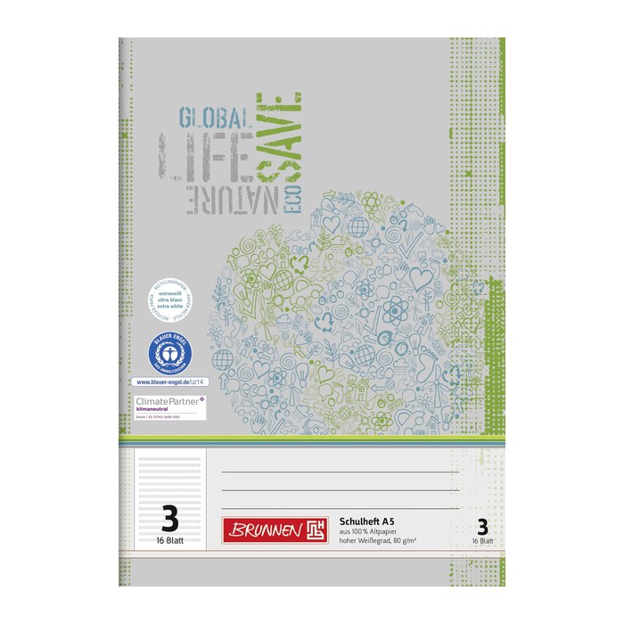 BRUNNEN Schulheft Recycling Lineatur 3 liniert DIN A5 ohne Rand, 16 Blatt, 1 St.