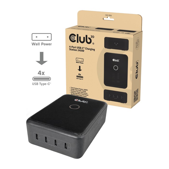 Club3D Ladegerät 4xUSB Typ C PD3.1 240W, GaN retail